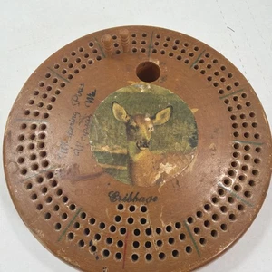 Vintage Souvenir Round Wood Cribbage Board Whispering Pines Resort Wapaca WI - Picture 1 of 4