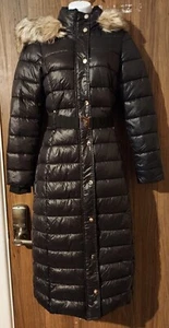RIVER ISLAND Black Faux Fur Lined Hooded Quilted Coat with Belt - UK 8 - Picture 1 of 9