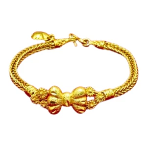 Bracelet Bangle Flower Bow 24K 23K Heart Pendant Thai Baht Gold Plated Jewelry - Picture 1 of 6