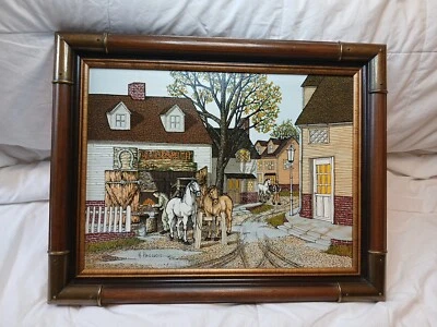 Vintage Original H. Hargrove Oil Painting Horses Ferrier Scene Framed 15.5 x 19 - Image 1 of 4
