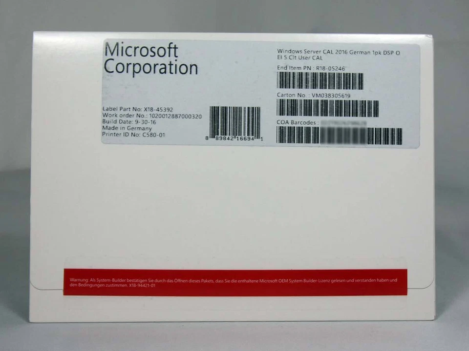 5 Zugriffslizenzen (Benutzer) für Windows 2016 Server, SB (deutsch) - neu, SKU:  - Bild 1 von 1