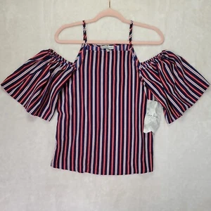 Cravefame By Almost Famous M Junior Woman Top Off Shoulder Red/Wht/Blue Stripes - Picture 1 of 12