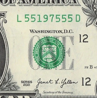 1975 Year Date Note Fancy Serial Number One Dollar Bill 55197555 Bookend 55s - Image 1 of 4