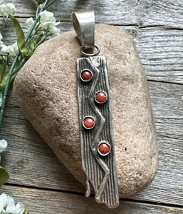 Navajo Sterling Silver Red Coral Pendant M James - Picture 1 of 12