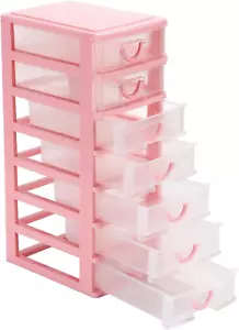 Mini Plastic Drawer Organizer 7 Clear Storage Desk Cabinets Pink 7.1"x5.1"x13.2" - Picture 1 of 6