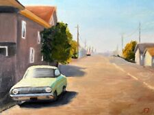 oil paintings original.Cityscape.Сar on the road.Рrovincial sunny street.Art
