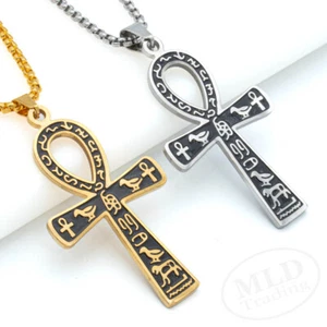 Gold/Silber ägyptische Ankh Anhänger Halskette mit Hieroglyphen & abgerundete Box Kette - Bild 1 von 17