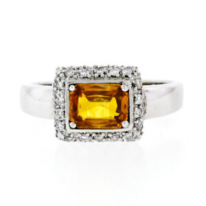 18K White Gold 1.74ctw GIA Yellow Orange Sapphire Solitaire Diamond Accents Ring