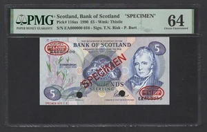 Scotland 5 Pounds 20-6-1990 P116as "Specimen" Uncirculated Grade 64 Top Pop - Picture 1 of 2
