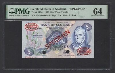 Scotland 5 Pounds 20-6-1990 P116as "Specimen" Uncirculated Grade 64 Top Pop - Image 1 of 2