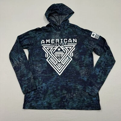 American Fighter Shirt Mens Medium Blue Green Long Sleeve Hooded Logo Casual - Image 1 of 4