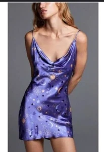 Zara Sun Moon Star Celestial Satin Mini Slip Dress Chemise Lingerie Purple Small - Picture 1 of 14