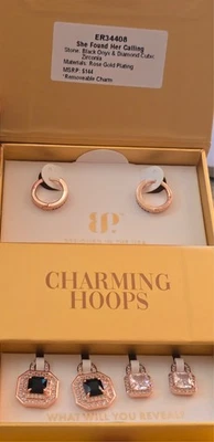 Bomb Party Charming Hoops ER34408 She Found Her Calling Black Onyx CZ Rose Gold - Image 1 of 4