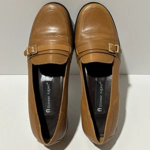 ETIENNE AIGNER Leather Classic Loafers Size 7.5M Camel Brown Gold Buckle Shoes - Picture 1 of 15