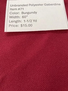 Item #71. $15.00. Unbranded Gabardine Fabric; Burgundy - Picture 1 of 1