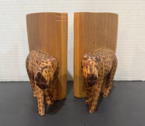 Vintage handgeschnitzte Holz Gepard Leopard Buchstützen afrikanische Safari - Bild 1 von 8