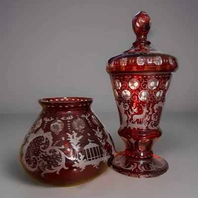 Bohemian Czech Glass Ruby Red Apothecary & bowl Dish Elk - Pokal Egerman RARE - Image 1 of 4