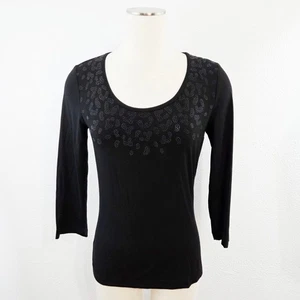 St John rhinestone studded leopard tee caviar black long sleeve small new NWT - Picture 1 of 6