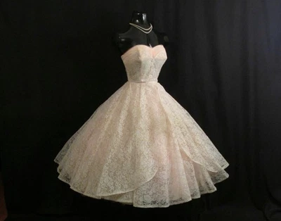 Vestido de novia vintage años 50 sin tirantes ROSA blanco encaje tul fiesta graduación Foto 1 de 4