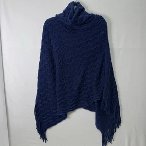 Scialle Poncho Pullover Maglione Maglia Navy Boho Hippie Frangia Taglia Unica Girocollo - Foto 1 di 6