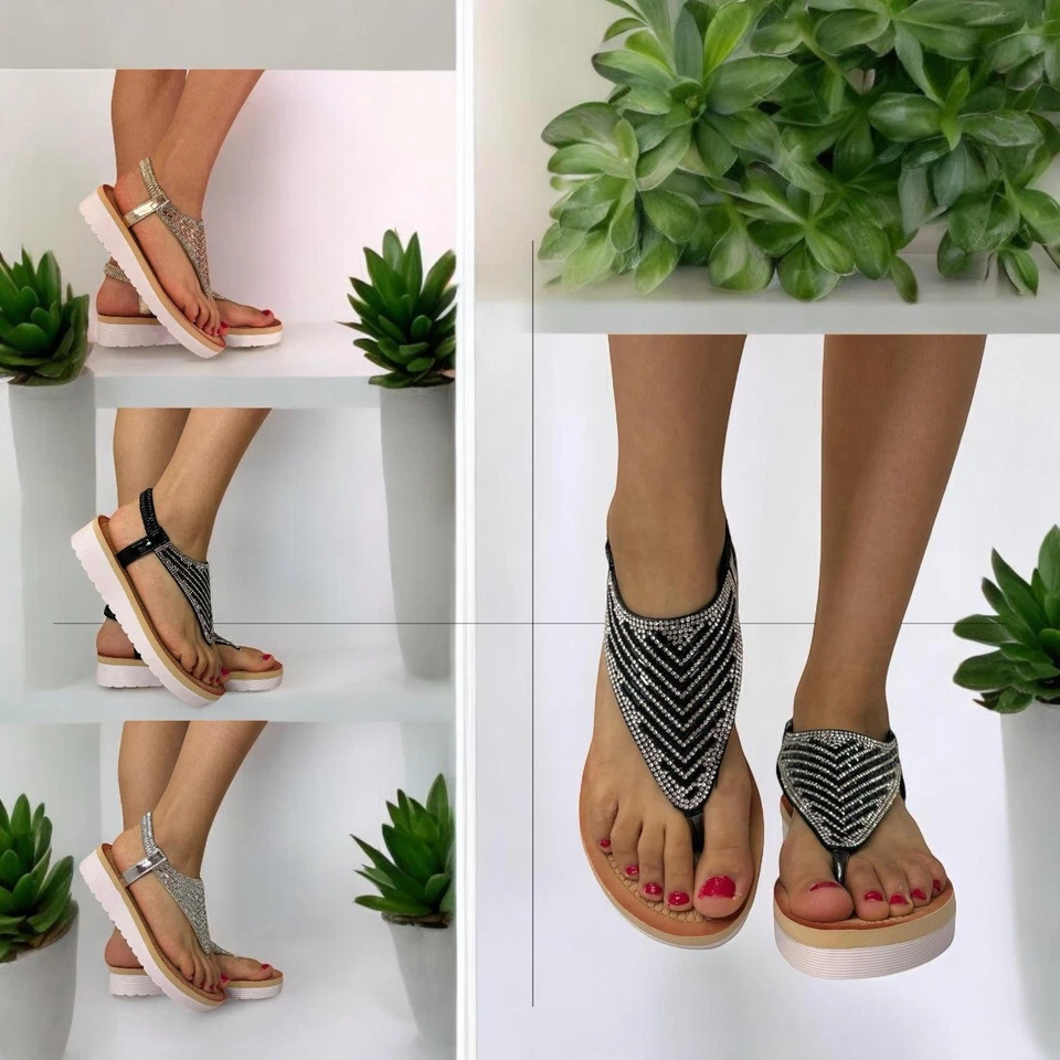 WOMENS GIRLS SUMMER PLATFORM SLIP ON SANDALS WITH SHINY BEADS ON TOP - Image 1 of 1