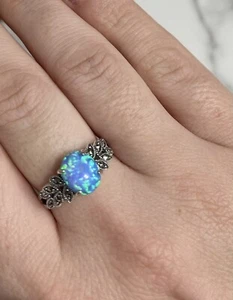 Blue Fire Opal Marcasite Leaf Gemstone Ring 925 Sterling Silver Size 6.5 Crystal - Picture 1 of 6