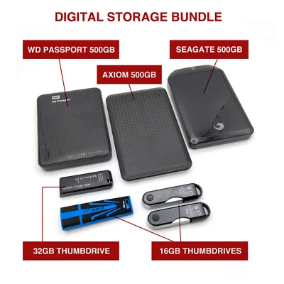 Digital Storage Bundle: Three 500GB Drives, One 32GB Drive, Two 16GB Thumbdrives - Image 1 of 4