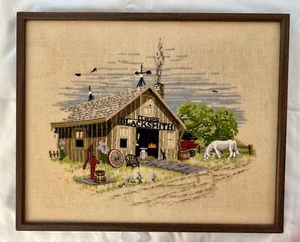 Vintage Framed Crewel Embroidered - Blacksmith Shop - Folk Art - Antique - Picture 1 of 6