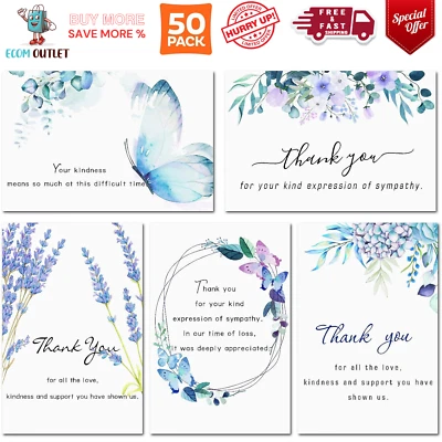 50 Pack Funeral Thank You Cards with Envelopes, Stickers & Message Inside 4×6 in - Image 1 of 4