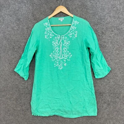 Damart Tunic Top Womens 8 Green Linen 3/4 Sleeve Beaded Coastal Shirt 20216 - Image 1 of 4