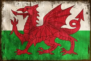 Welsh Flag Y Ddraig Goch, Red Dragon, Vintage Aged Look Metal Sign, Wales, Rugby - Picture 1 of 5