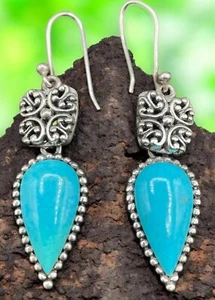 VTG Sterling Silver Turquoise Thailand SX925 SIGNED Teardrop Dangle Earrings - Picture 1 of 7
