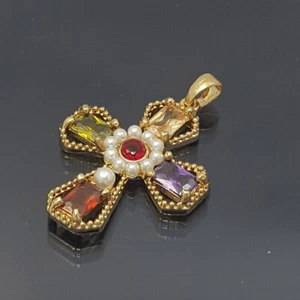 18K Gold Filled Stunning Italian Royal Imperial Cross 18ct GF Gemstones Pendant - Picture 1 of 10