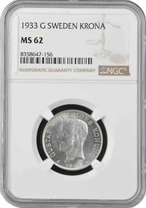Sweden 1 krona 1933 G, NGC MS62, "King Gustaf V (1908 - 1950)" silver coin - Picture 1 of 2