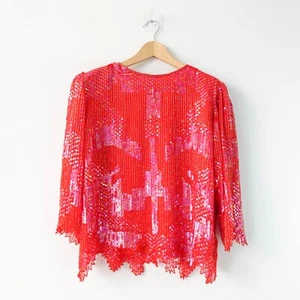 70s Vintage Sequin Top Party Blouse Small Red Beaded Silk Fairy Whimsical Gatsby - Picture 1 of 16