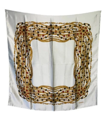 CHANEL Scarf 100% Silk Jewelry Print Cream Gold Vintage - Image 1 of 4