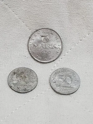 Lot Of 3 Weimar Republic Coins 1922 A Germany- 3 Marks, 2 X 1921 D 50 Pfennig - Image 1 of 4