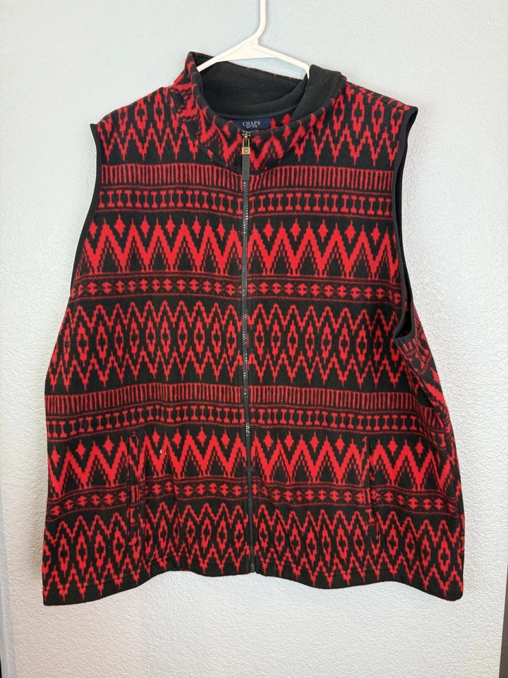 Chaleco Chaps Para Hombres 3XL Negro Rojo Vellón Cremallera Patrón Geométrico Azteca Bolsillos Foto 1 de 4