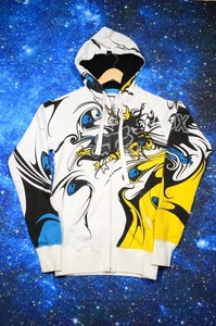 Fox Hoodie Mens Small White Yellow Blue Graphic Full Zip Sweatshirt Skulls Rare - Picture 1 of 8