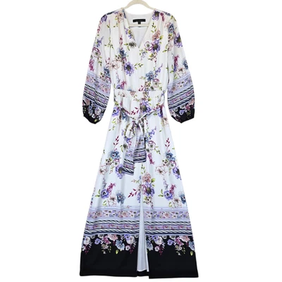 Vestido White House Black Market Feminino XS Floral Maxi Decote V Manga Longa Boho - Imagem 1 de 4