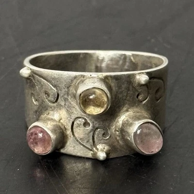 Anillo ancho multi piedras preciosas modernista artesanal de plata de ley 925 banda 6,8 g talla 8,5 Foto 1 de 4