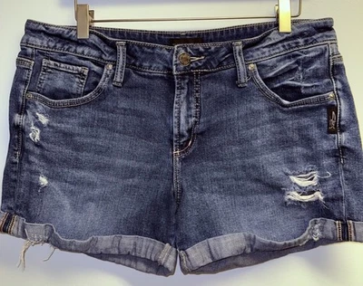 Pantalones cortos vaqueros plateados Boyfriend para mujer 30 x 4,5 bolsillos azules denim desgastados Foto 1 de 4