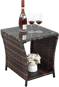 New-Outdoor Wicker Side Table Patio Side Tables for Outside, Tempered Gla - Picture 1 of 6