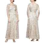 Alex Evenings champagne embroidered beaded illusion gown size 6 metallic gold