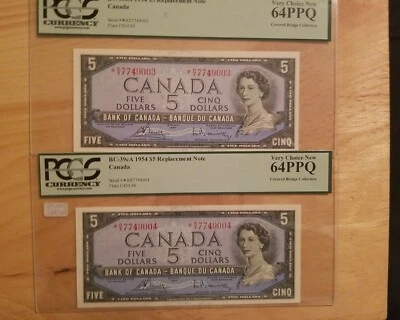  1954 Banknote Canada $5  Rare  *R/X  consecutive Replacement  BC-39cA - PCGS   - Image 1 of 4