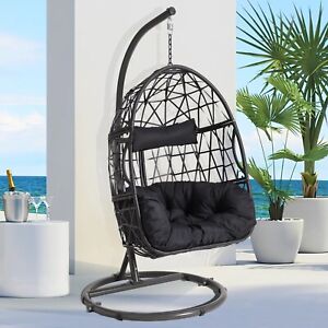 Dark Gray Hanging Egg Chair: Magic Union Patio Wicker with Stand & Cushion