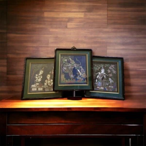 Vintage Thai Painting On Silk 15”x16” Framed Set Of Three * - Picture 1 of 11