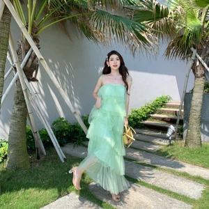 Women's Dress Summer Mesh Layer Cake Loose and Slim Binding Strap Long Dress - Bild 1 von 13