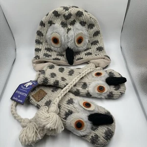 NORTHERN LIFESTYLES Hand Knitted Owl Wool Child Beanie Winter Hat Gloves Mittens - Picture 1 of 8