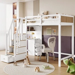 Hochbett Etagenbett Kinderbett 90x200cm mit Schreibtisch und Stauraumtreppe Weiß - Bild 1 von 14